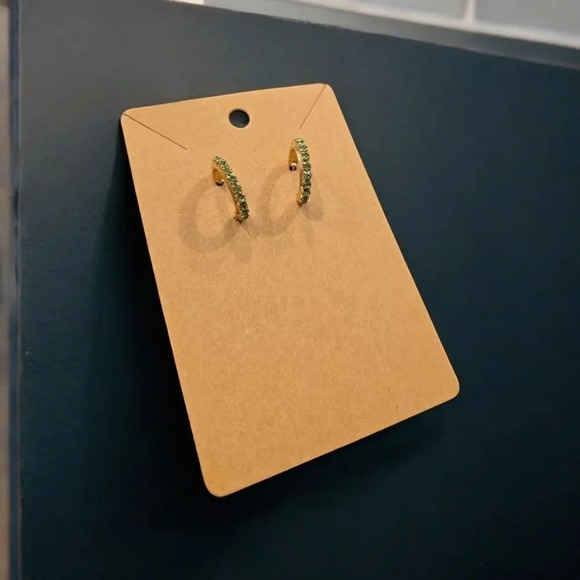 Gold Plated Green Rhinestone Hoop Earrings - Picture 2 of 2